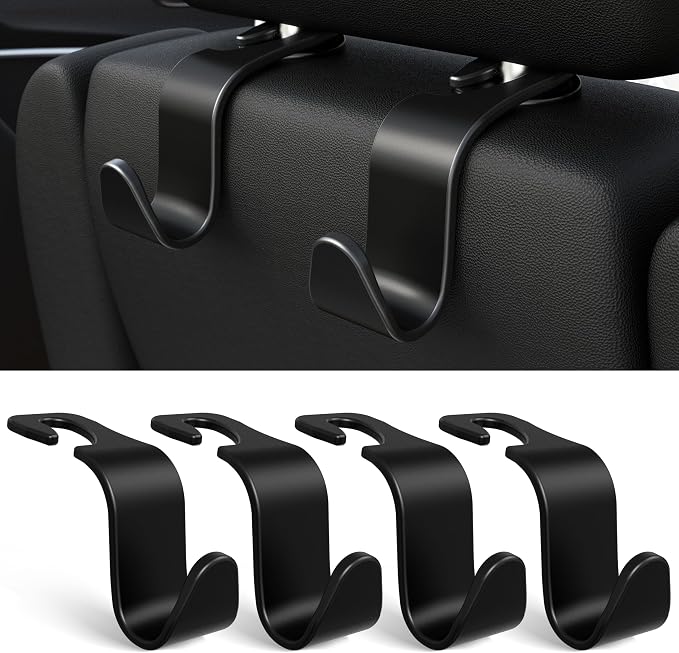 Amooca 4-Pack Car Headrest Hooks –Holds 55lbs Vehicle Storage Organizer for Purses Handbags Groceries Backpack Coats 360° Rotating Black
