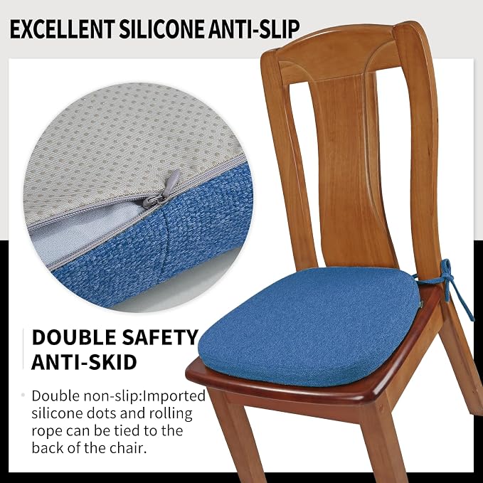 SINOSSO 4 Pack Memory Foam Chair Cushions for Dining Chairs, Friendly Woven Fabric 16" U-Shape Comfortable Kitchen Chair Pads, Removable Slip Resistant Seat Cushions (Set of 4, Blue)