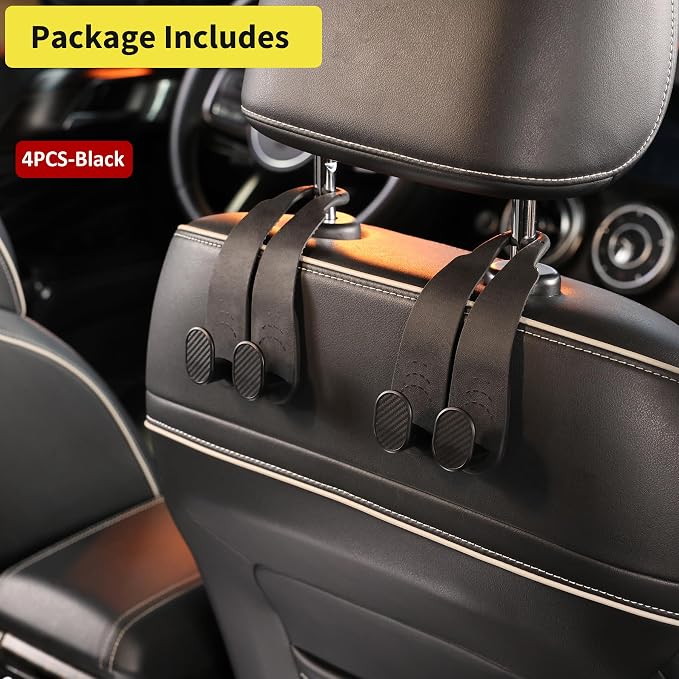 WEIHAO Purse Hook for Car Headrest, Silicone Car Seat Back Storage Hook, Twin Hooks Carbon Fiber Textured Car Headrest Hangers, Bag Holder for Sedan, Trucks, SUVs, Most Vehicles (Black-4PCS)