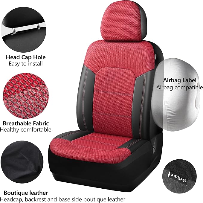 HChengkikz Car Seat Covers, Air Mesh, Breathable (Black + Red) | Airbag Compatible, Automotive Comfort Protection, Universal Fit for Most Cars,Trucks,SUVs