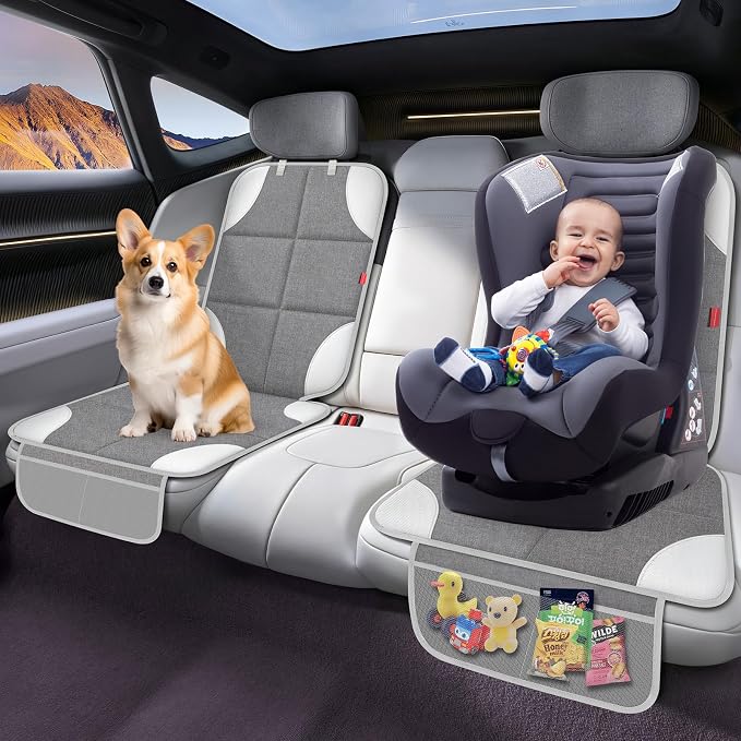 Car Seat Protector, Carseat Seat Protectors with Thick Padding and Upgraded Non-Slip Backing, Waterproof Seat Protector Under Baby Car Seat, 600D Fabric Car Seat Covers, Silver-Gray, 2PCS