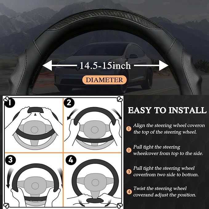 Leather Car Steering Wheel Cover, 14.5-15Inch Anti-Slip Steering Wheel Cover, Universal for Cars Truck SUV, Car Accessories (Black - Black line)