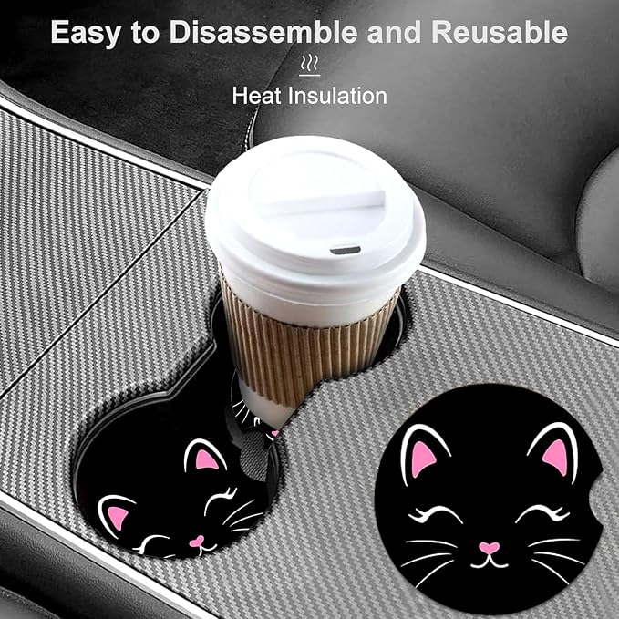 2 Pack Black Cat Car Cup Holder Coasters Universal Neoprene Coasters | 2.75" Universal Size Anti Slip Rubber Mat, Auto Cup Holder Accessories for SUV Truck, Cat Gifts for Pet Lover Women Men Mom