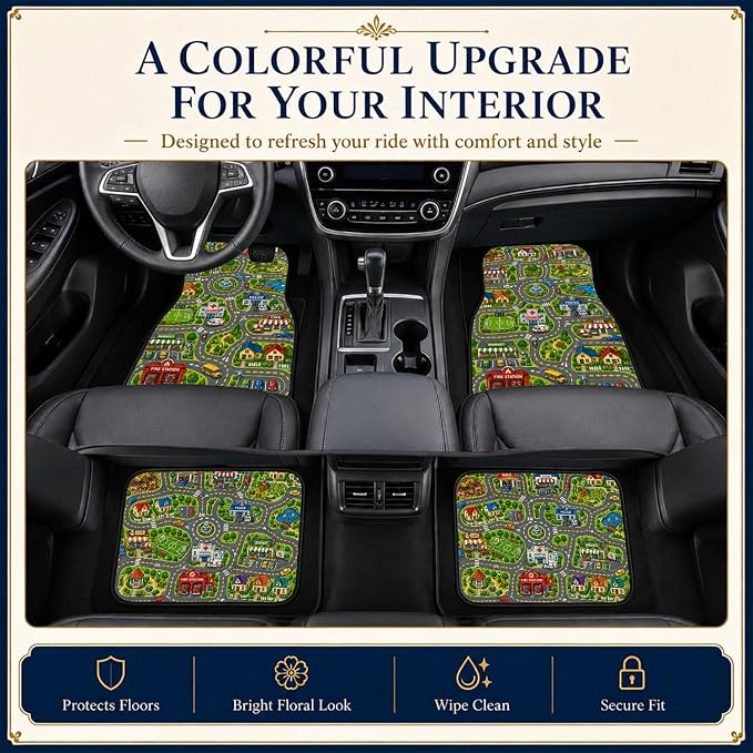 City Road Car Floor Mats Set of 4 Child Playmat Traffic Town Car Accessories Foot Mats Rugs, Non-Slip,Decor for Universal Fit for Suvs Sedans Trucks Cars Auto Floor Carpets Rugs All-Weather