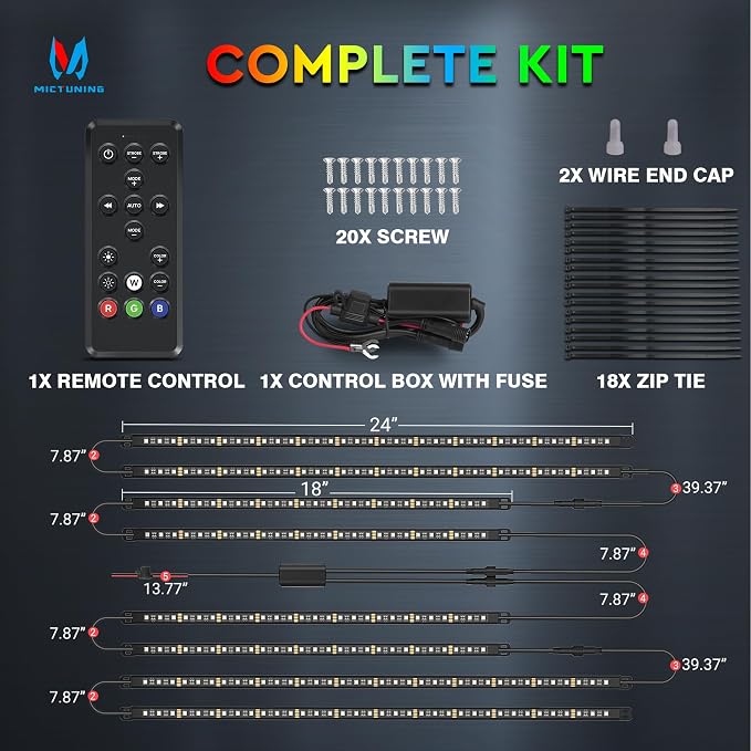 MICTUNING 8Pcs N8+ RGBW Underglow LED Lights for Cars, APP & Remote Dual Control, IP68 Waterproof Aluminum Multicolor Modes Music Soundsync Exterior Neon Accent Car Underglow Kit, 2 Years Warranty