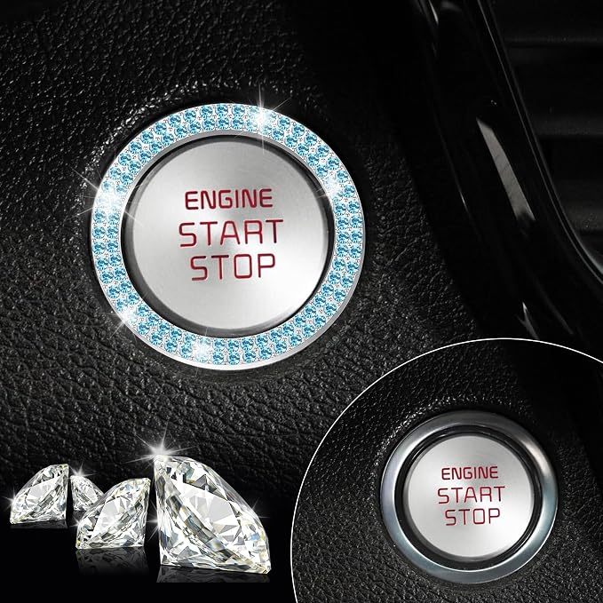 LivTee Car Engine Start Stop Decoration Ring, Crystal Double Rhinestone, Bling Car Interior Accessories for Women, Key Ignition & Knob Bling Ring, Push to Start Button Cover/Sticker, Cyan