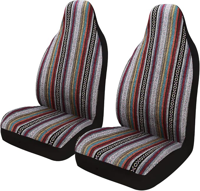 Baja Saddle Blanket Car Seat Covers 2PCS Front, Breathable and Washable Striped Woven Automotive Vehicle Seat Cover, Universal Seat Cover for Sedan, SUV, Truck, Airbag Compatible