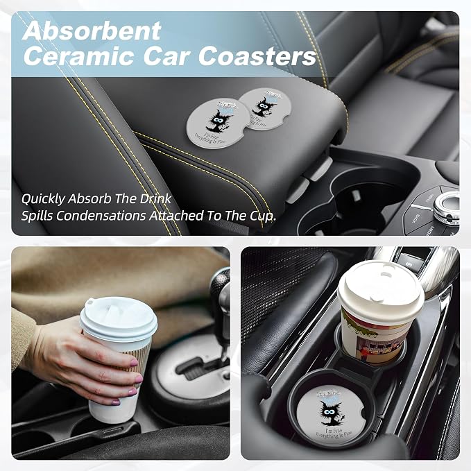 Lightning Black Cat Car Coasters for Cup Holders,2 Pack Car Cup Holder Coasters for Car,Ceramic Absorbent Car Coaster with A Finger Notch and Cork Base,Car Interior Accessories for Women Men