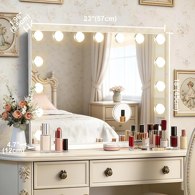 Ratsamee Hollywood Vanity Mirror with Lights, 23" x 18", 15 Dimmable Bulbs, 3 Color Lights, Make Up Lighted Mirror, USB Charging Port, Gifts for Women Wife Teengirls White