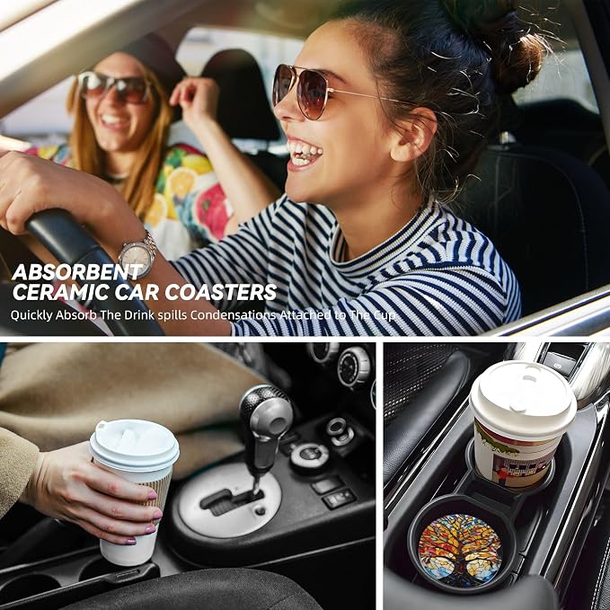 Tree of Life Art Car Cup Holder Coasters 2 Pack 2.63" for Women | Glass Universal Anti Slip Ceramic Absorbent Coaster with Cork Base and Finger Notch Cute Car Accessories Interior