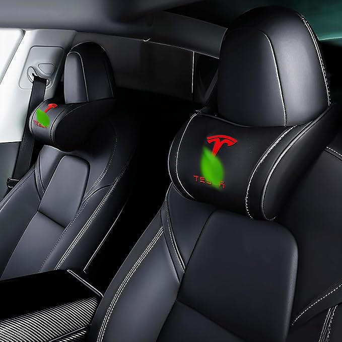Car Headrest Neck Pillow Support Ergonomic, with Valve Stem Covers Accessory for Driving Seat Fatigue Relief Compatible with Model S X 3 Y & Cybertruck - 1 Piece