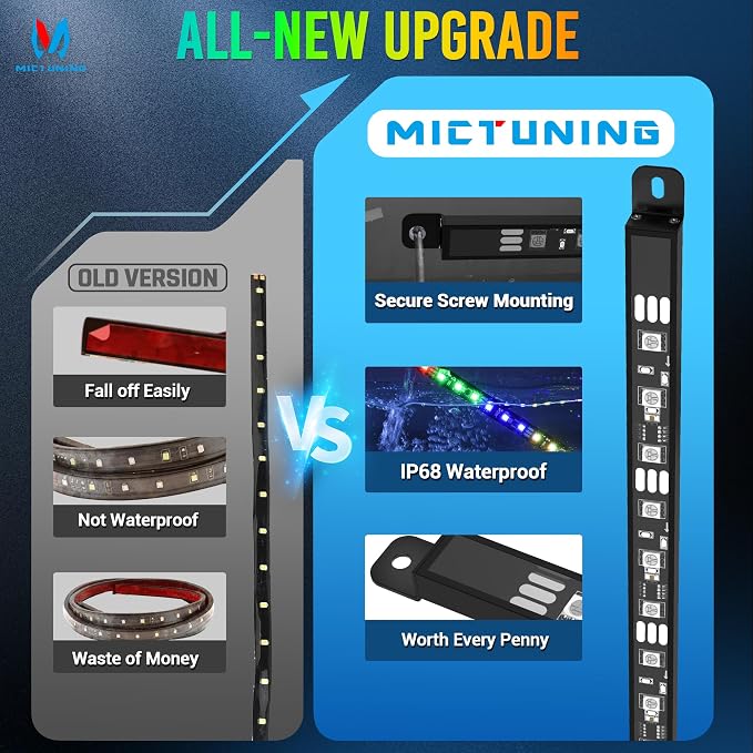 MICTUNING N8 RGB+IC Aluminum LED Car Underglow Light Kit, Two LED Strip 24 Inch, Can be Expanded