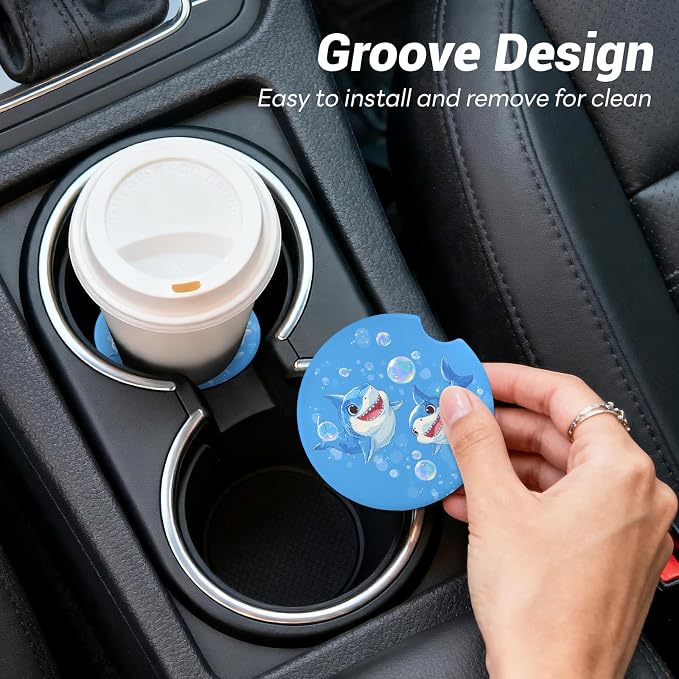 Car Cup Holder Ceramic Coasters 2 Pack, 2.56 in Anti Slip Absorbent Coaster with Cork Base and Finger Notch, Funny Cute Car Accessories Interior for Women, Dolphins