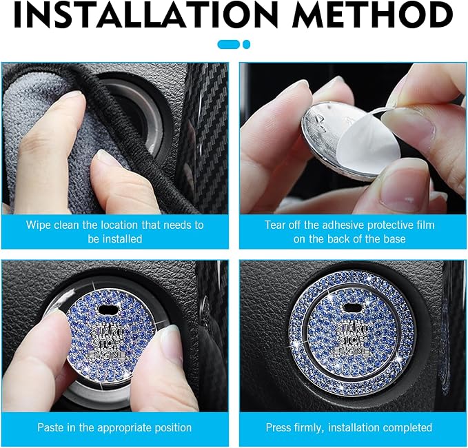 Crystal Rhinestone Car Engine Stop Decoration Ring Sticker, Sparkling Rhinestone Push Start Button Decorative Cover, Bling Interior Accessories for Women, Universal for Most Car (Blue)