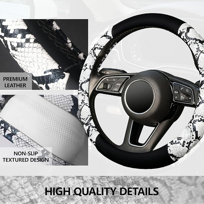 ZHOL Snake Skin Steering Wheel Cover, Universal 14.5-15 inch Breathable Microfiber Leather Anti-Slip Car Steering Wheel Protector for Women Men, Black&White