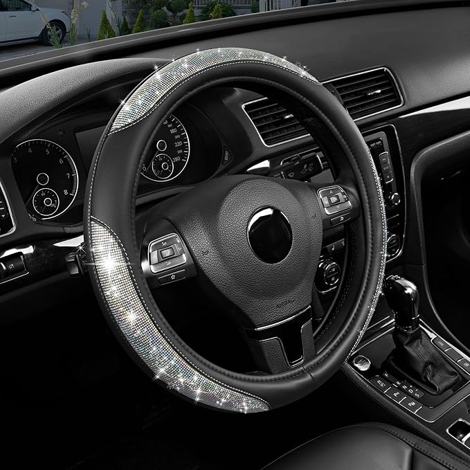 Road Comforts Pixel Glitter Steering Wheel Cover, 14.5–15 Inch Leather Steering Wheels Snug Fit, Anti-Slip Leather Grip, Elegant Sparkle Design, Universal Fit - Black
