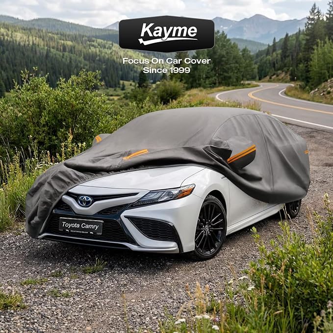 Kayme Heavy Duty Car Cover Custom Fit Toyota Camry 1996-2026, Waterproof All Weather Outdoor Full Protection, Sun Rain UV Resistant with Zipper Door and Windproof Straps.