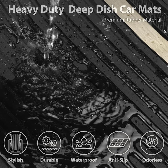 CAR PASS Heavy Duty Rubber Car Mats Metallic, Aluminum Film All Weather Floor Mats Waterproof Universal Trim to Fit for SUV Sedan Van 4 Piece Deep Dish Two-Tone Sporty Black Golden Chrome