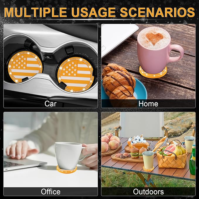 JUSTTOP Bling Car Cup Holder Coaster,4PCS American Flag Cup Holder Insert,Universal Non-Slip Cup Holders,Car Accessories Interior for Women and Man(Orange)