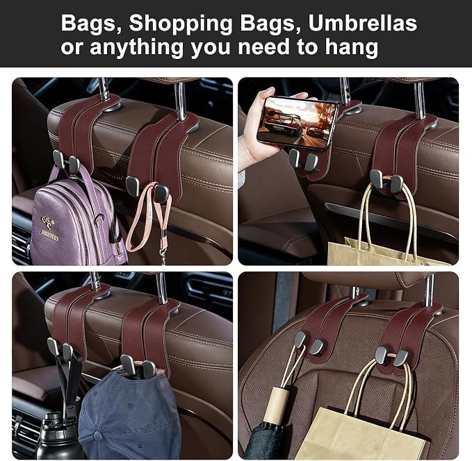 CoBak Purse Hook for Car - Universal Premium Stitched Leather and Aluminum-Magnesium Alloy Double Car Seat Back Storage Hook for Purses, Handbags, Bags (2 Pack),Wine Red