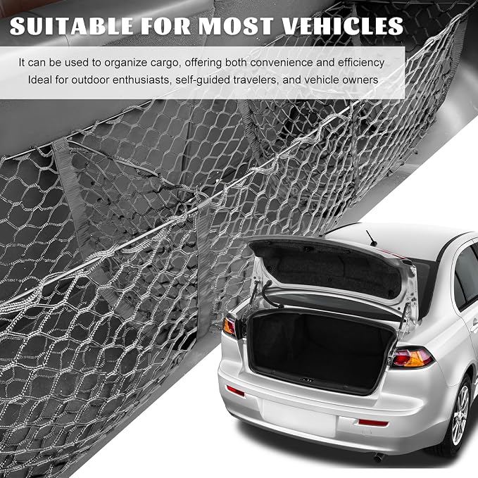 Trunk Cargo Net, Stretchable 3 Pockets Mesh Storage Organizer with Metal Hooks, Heavy Duty Netting Cargo Organizer Holder for Sedan SUV Pickup Truck, Car Accessories (11.8×35.4 inches)