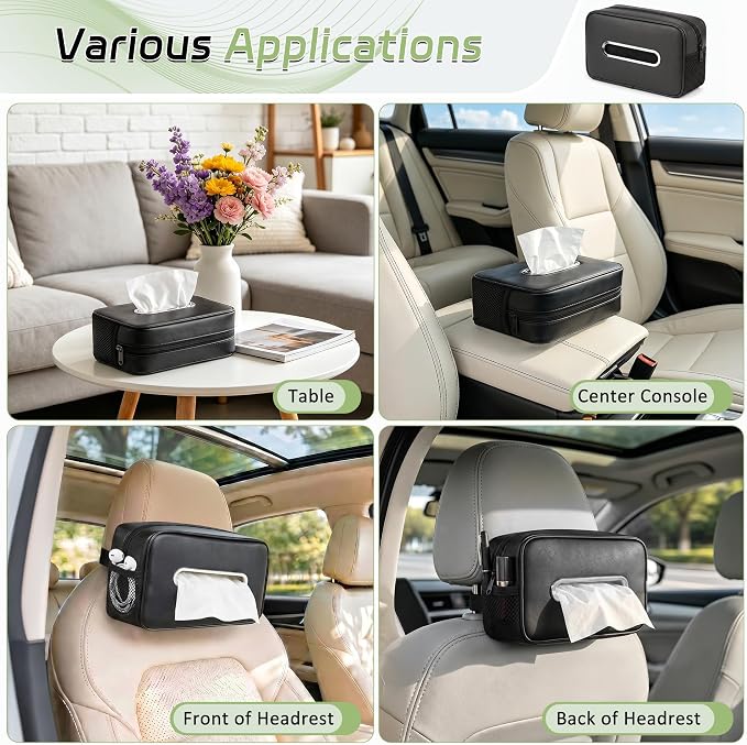 2PC Car Tissue Box Holder PU Leather Car Organizer with Side Storage Pocket | Tissue Box Cover, Fits 120-160 Standard Rectangular Tissue Boxes, Large Capacity Backseat Tissue Organizer for Car SUV Truck