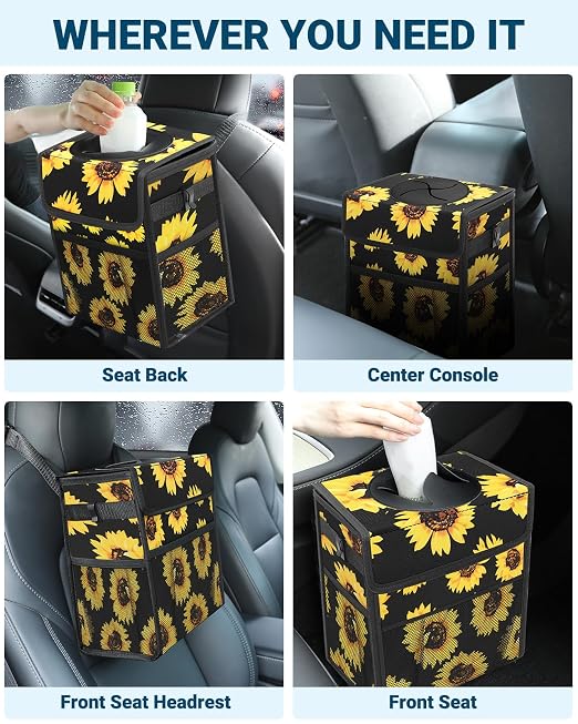 Capolo Car Trash Can with Lid, Leakproof Car Trash Bag Hanging Waterproof Automotive Garbage Can with Storage Pockets Mini Vehicle Trash Bin for Back/Front Seat(Sunflower,3 Gallon)
