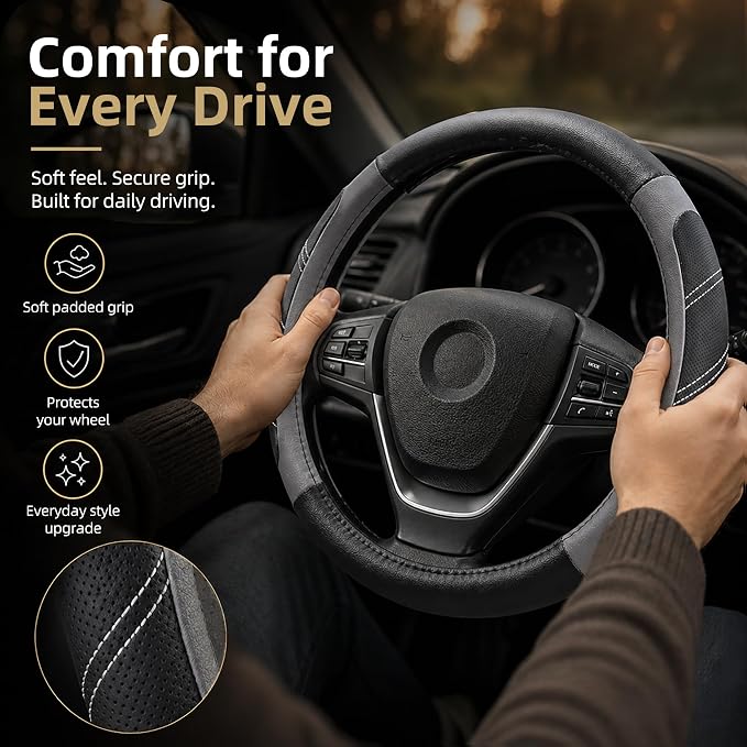 Elantrip Leather Large Steering Wheel Cover 14 1/2 inch to 15 inch Universal, Soft Grip Breathable for Car Truck SUV Jeep Anti Slip Gray