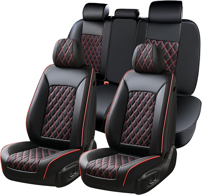 Huidasource Seat Covers, Car Seat Cover Nappa Leather Universal Fit for Most Cars, Vans, Trucks, SUVs, Compatible with Airbags, Child Seat, Car Seat Covers Velcro Adjustable (Full Set/Black&Red)