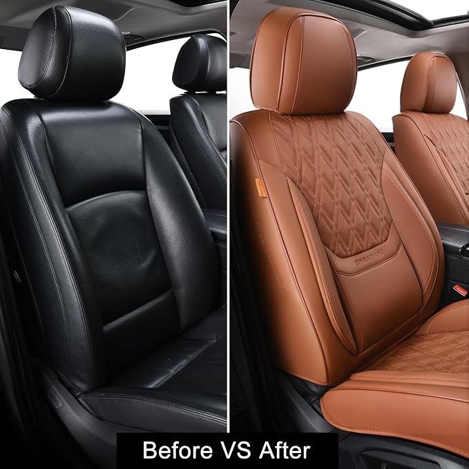 Car Seat Covers Full Set, Breathable Leather Automotive Front and Rear Seat Covers, Car Seat Protectors Full Set,Universal Automotive Vehicle Seat Cover for Most Sedan SUV Pick-up Trucks, Brown