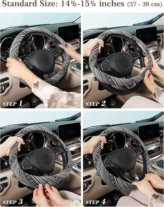 SEG Direct Boho Steering Wheel Cover, Baja Blanket Cloth, Coarse Flax | Bohemian Car Decor, Ethnic Style, Coarse Flax, Fabric Cover Fits 14 1/2-15 1/4 inches Standard Medium Size, for Women Men