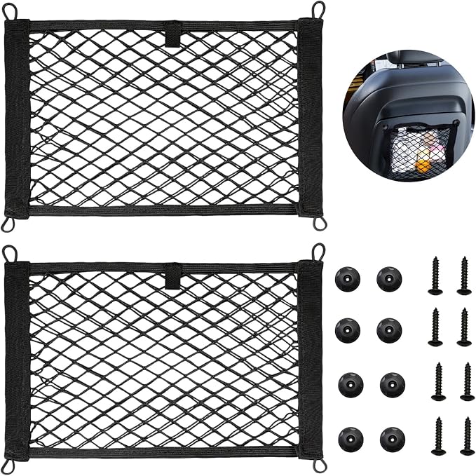 2 Pcs Small Cargo Net- Car Storage Organizer with Elastic Pocket | 9.8×13.7in Cargo Storage Net Trunk/Boat/Home Storage Mesh/ RV/ Screws/Hooks