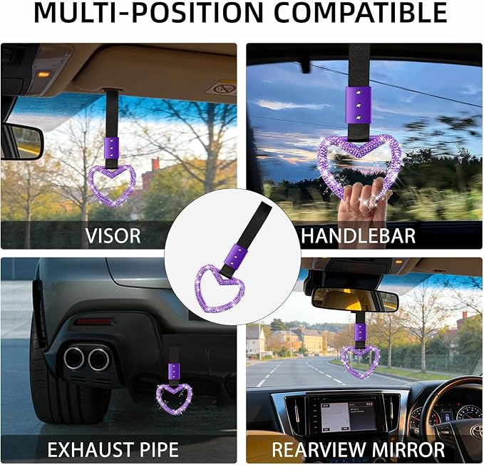 NBTEPEM Bling Heart Handle Ring Bling Car Accessories for Women Handle Strap Drift Charm Rear Bumper Warning Ring Decor Tsurikawa Heart for Car Interior Exterior Decoration (Purple, Heart Style)