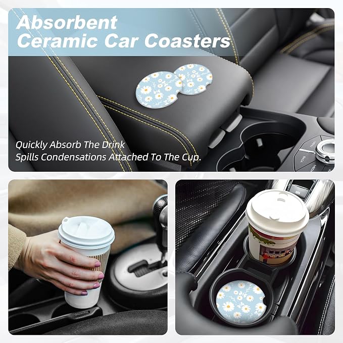 Blue Daisy Flower Car Coasters for Cup Holders,2 Pack Car Cup Holder Coasters for Car,Ceramic Absorbent Car Coaster with A Finger Notch and Cork Base,Car Interior Accessories for Women Men