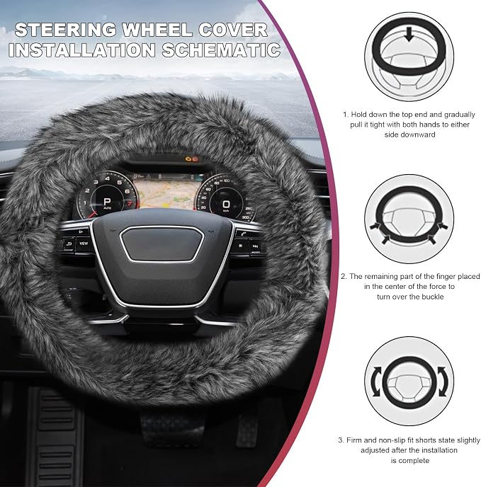 Fluffy Steering Wheel Cover, 15 Inch Anti-Slip Microfiber Plush Fuzzy Steering Wheel Cover, Winter Warm Elastic Fuzzy Steering Wheel Covers for Women and Men, Car Accessories (Gray)