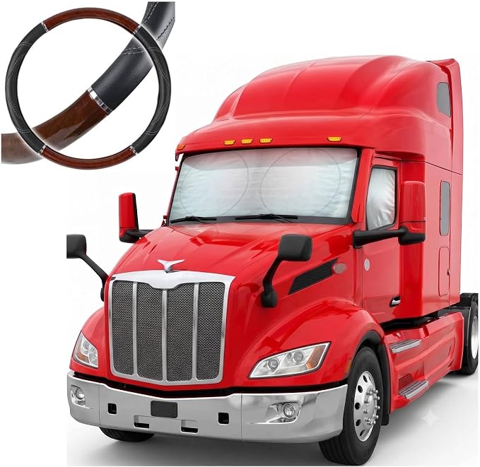 BDK Motor Trend Semi Truck Steering Wheel Cover & Windshield Sunshade Bundle – 18" Leather Steering Wheel Cover with Wrap Around Privacy Windshield Sun Shade for Big Rigs & Commercial Trucks