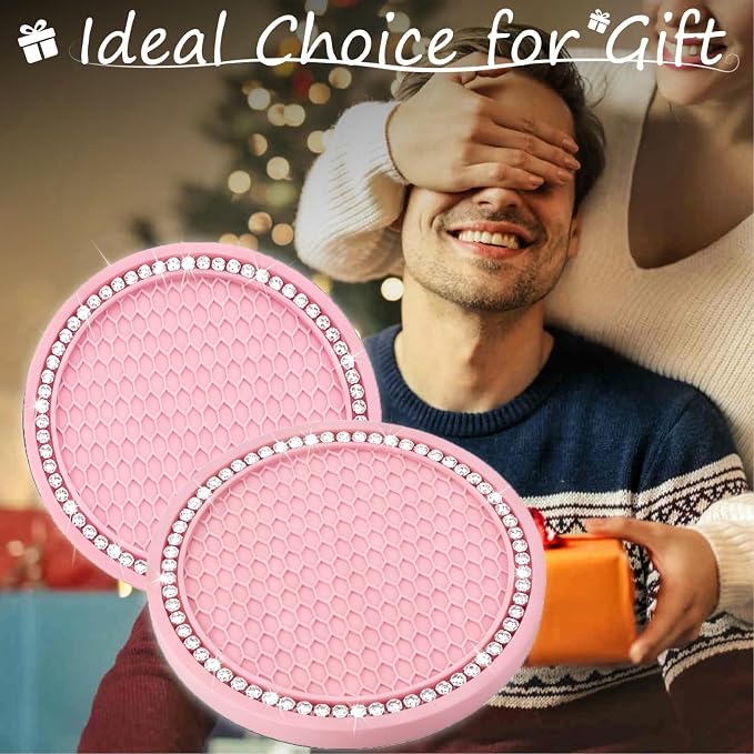 BFXM 4 PCS Bling Cup Holder Coasters for Car, 2.75 inch Diamond Universal Non-Slip Pink Silicone Cup Holder Coasters, Sparkly Bling Car Accessories for Women(White Diamond)
