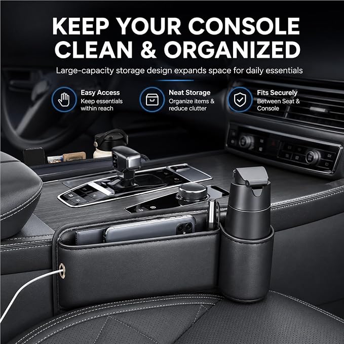 2 Pack Car Seat Gap Filler with Cup Holder – Anti-Drop Design | Universal PU Leather Seat Gap Organizer, Storage Box with Pockets & Cup Holders – Fits Most Vehicles