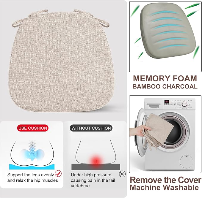 SINOSSO 4 Pack Memory Foam Chair Cushions for Dining Chairs, Friendly Woven Fabric 16" U-Shape Comfortable Kitchen Chair Pads, Removable Slip Resistant Seat Cushions (Set of 4, Oatmeal Beige)