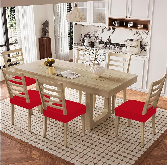 Smiry Waterproof Seat Covers for Dining Room Chairs Set of 2, Stretch Jacquard Removable Washable Chair Seat Slipcovers Protector, No Rear Covers, Red