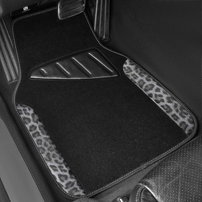 CAR PASS Waterproof Universal Car Floor Mats, Leopard Print Car Mats Fit for SUV,Vans,sedans, Trucks,Set of 4pcs Car Carpet with Driver Heel Pad and Nibs Backing, Leopard Car Accessories Gray Leopard