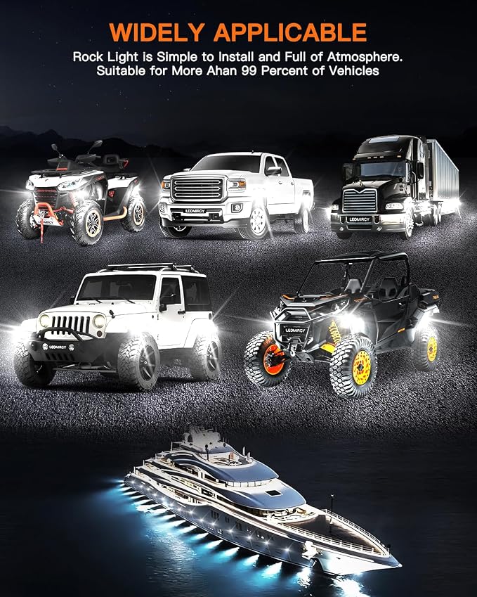LEDMIRCY R1 Pure White LED Rock Lights Kit with Rocker Switch Wire Harness 12PCS High Power Rock Lights White for Trucks Off Road ATV UTV SUV Underglow Trail Rig Light Under Body Waterproof Light