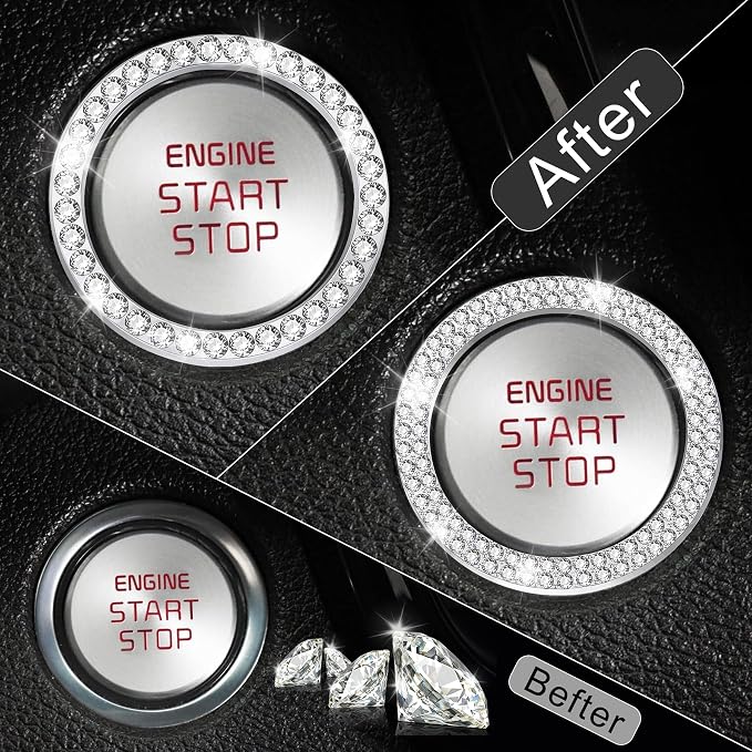 LivTee 2 PCS Crystal Combinatorial Rhinestone Engine Start Decoration Ring, Push to Start Button Cover, White