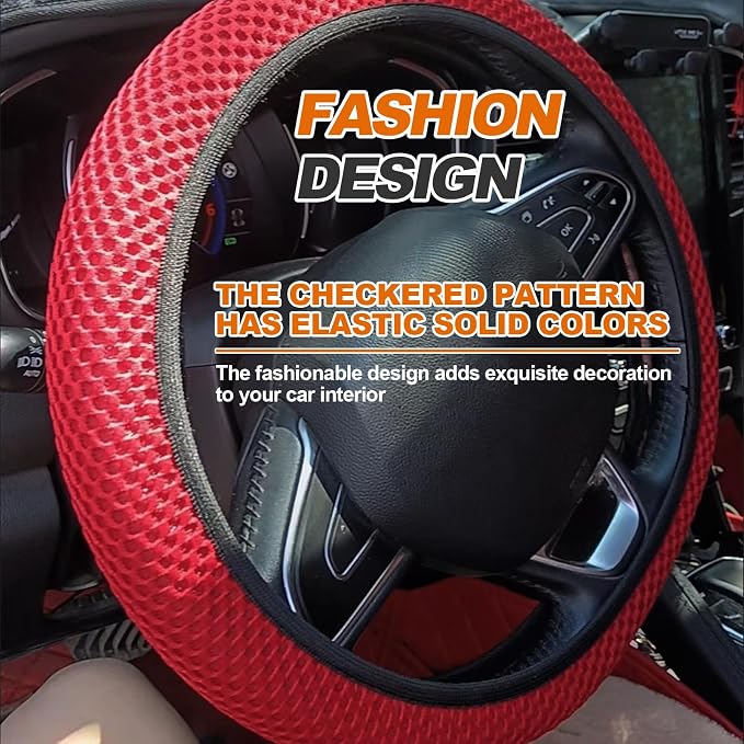 Car Elastic Stretch Steering Wheel Cover, Universal 15" Automotive Steering Wheel Protector, Microfiber Ice Silk, Breathable, Anti-Slip, Easy Carry, Car Accessories for Cars/SUVs/Vans/Truck (Red)