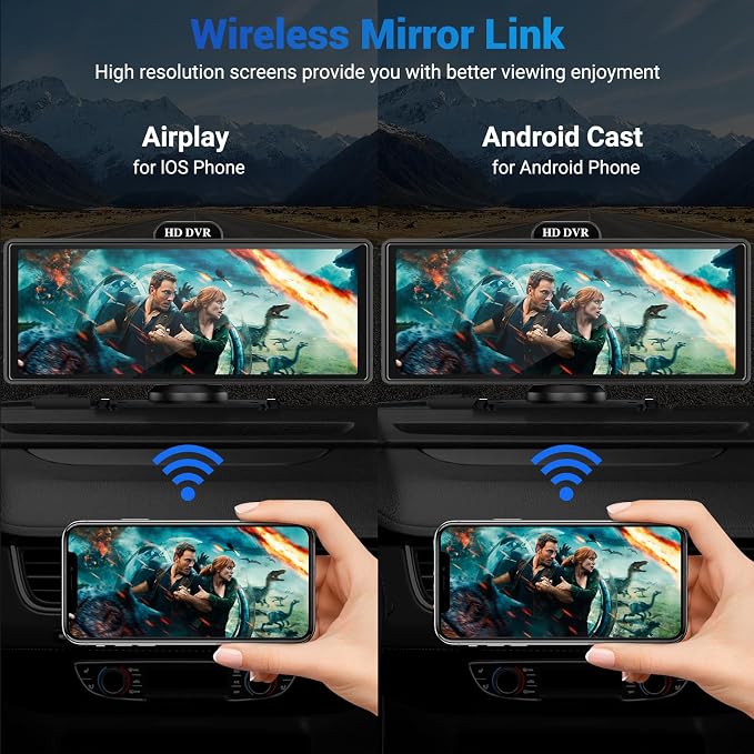 10.26" Wireless Apple Carplay Screen for Car with 4K Dash Cam | Apple Carplay & Android Auto, Touchscren with 1080p Backup Camera, Mirror Link/Voice Control/Music Play/GPS Navigation