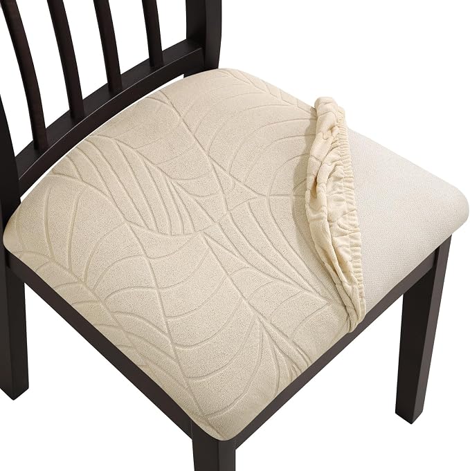 Fuloon Waterproof Chair Seat Covers 4 PCS, Stretch Cushion Covers Washable Dining Room Seat Slipcover Removable Kitchen Chair Protector (4, Cream)