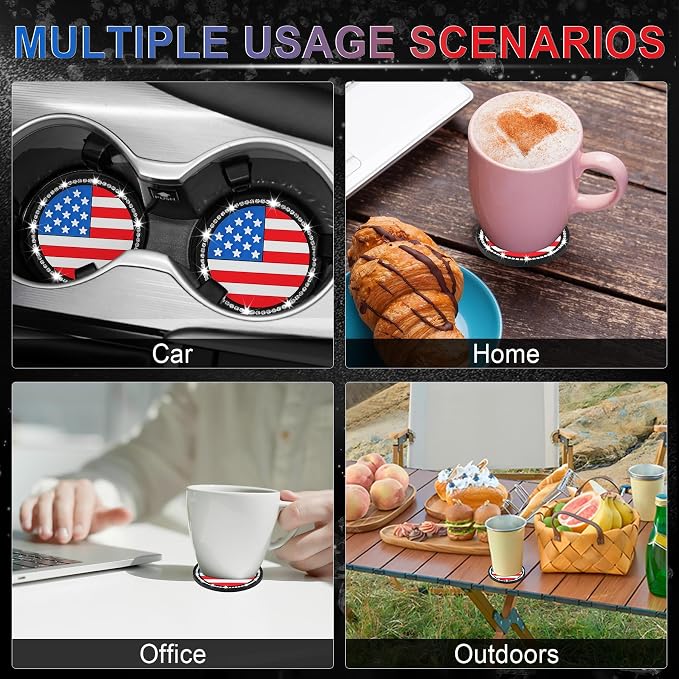 JUSTTOP Bling Car Cup Holder Coaster,4PCS American Flag Cup Holder Insert,Universal Non-Slip Cup Holders,Car Accessories Interior for Women and Man(Multicolour)
