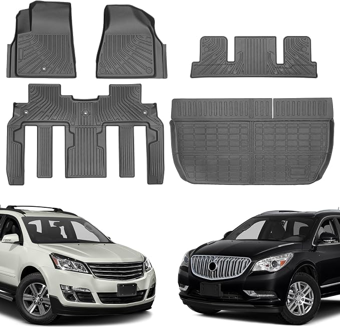 Floor Mats for Chevy Traverse 2009-2017 & Buick Enclave 2008-2017 | Custom Fit TPE All Weather Liners, 3 Rows & Cargo Liner Set, Heavy Duty Rubber Mats for 7 Seat SUVs with Full Coverage