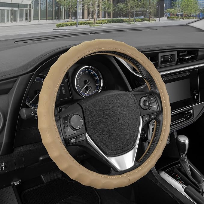 BDK Beige Leather Car Steering Wheel Cover Large Size 15.5 to 16 inch, Easy Installation