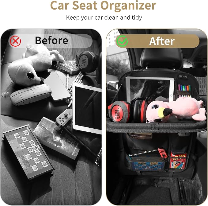 LUCMO Car Backseat Organizer with Foldable Tablet Holder, Black | 6 Storage Pockets,Foldable Food Tray,Protectors Kick Mats,Travel Accessories,Seat Cover,Road Trip Essentials